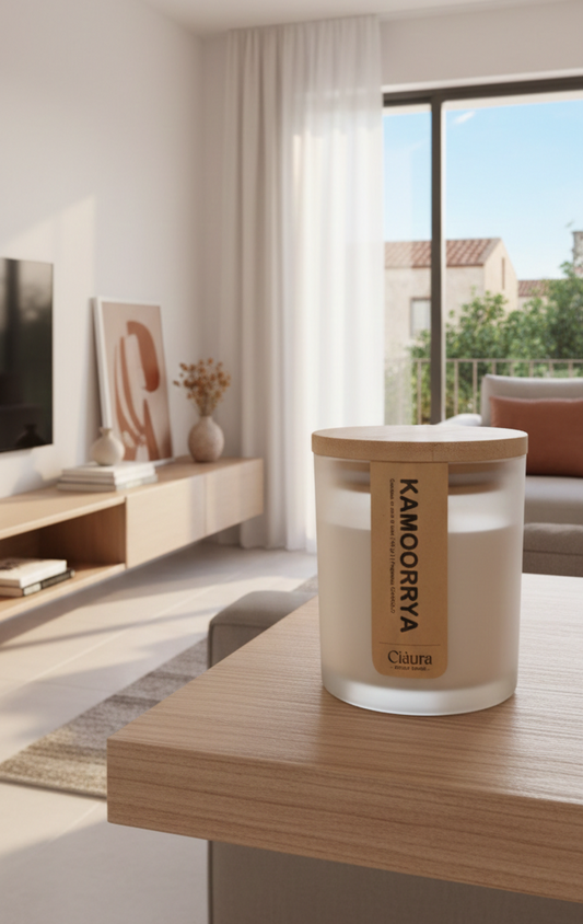 Candela ironica bianca in cera di soia fragranza gourmand