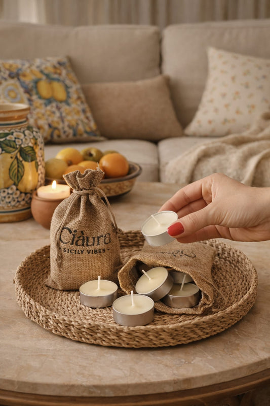 Set 8 candele tea-light cera di soia in sacchetto iuta Ciàura Sicily Vibes