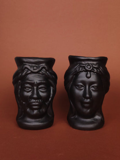 Ceramica siciliana testa di moro lui e lei nero opaco che funge da bruciaessenze 