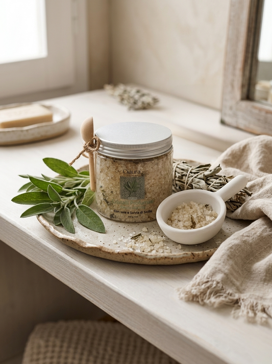 barattolo trasparente in pet che contiene cristalli profumati per ambiente a base di sale di sicilia di trapani e foglie di salvia di sicilia essiccate. con tappo in alluminio e  cucchino in legno dosatore