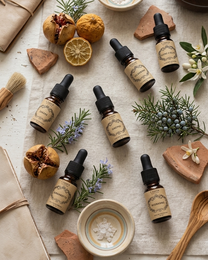 olii profumati per diffusori bergamotto ginepro melograno legno d'ulivo rosmarino zagara boccetta marrone con contagocce naturali
