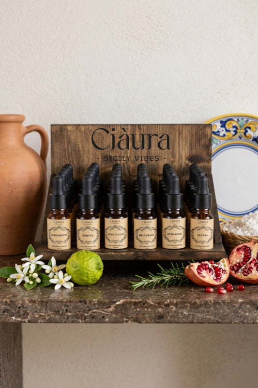 olii profumati per diffusori bergamotto ginepro melograno legno d'ulivo rosmarino zagara boccetta marrone con contagocce naturali sicilia
