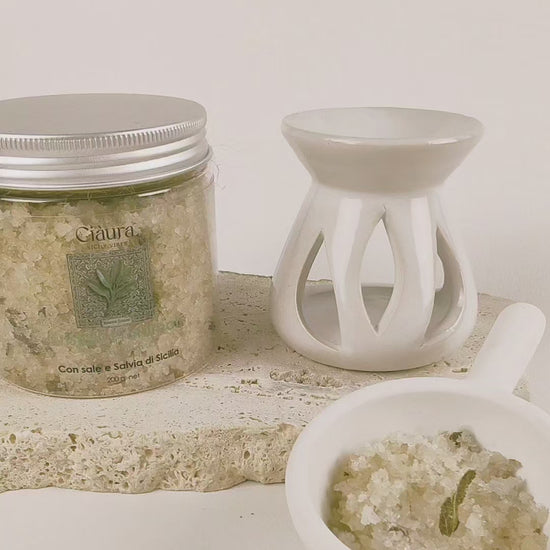 come usare i cristalli profumati per ambiente a base di sale di sicilia e salvia, ibisco e conchiglie, nl bruciaessenze, con una tealight