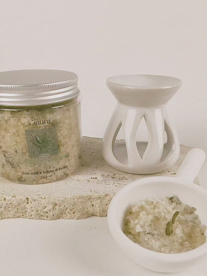 come usare i cristalli profumati per ambiente a base di sale di sicilia e salvia, ibisco e conchiglie, nl bruciaessenze, con una tealight